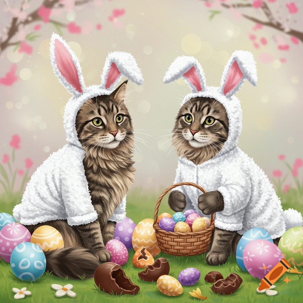 Two Mainecoon cats in white bunny costumes surrounded by Easter eggs and chocolate on grass.