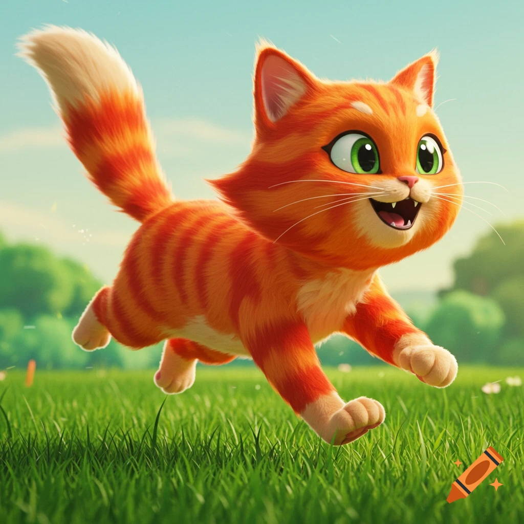 An animated orange tabby cat runs through green grass.