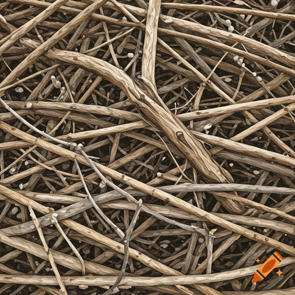 A close-up view of a pile of brown sticks and branches