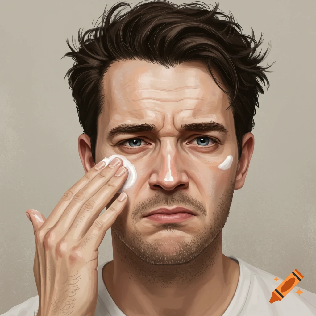 A man looking annoyed while applying cream to his face.