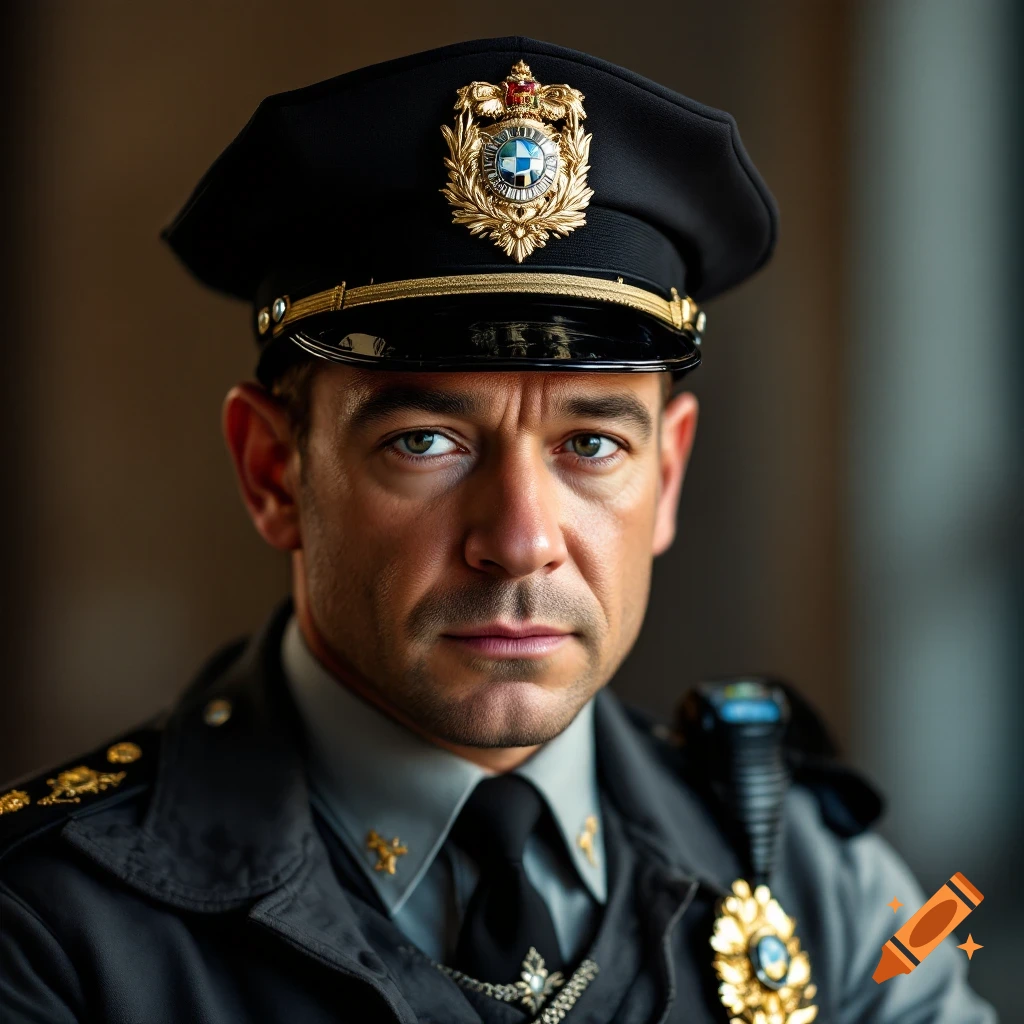 Close-up photorealistic portrait of a man resembling Martin Freeman in a police uniform and cap.