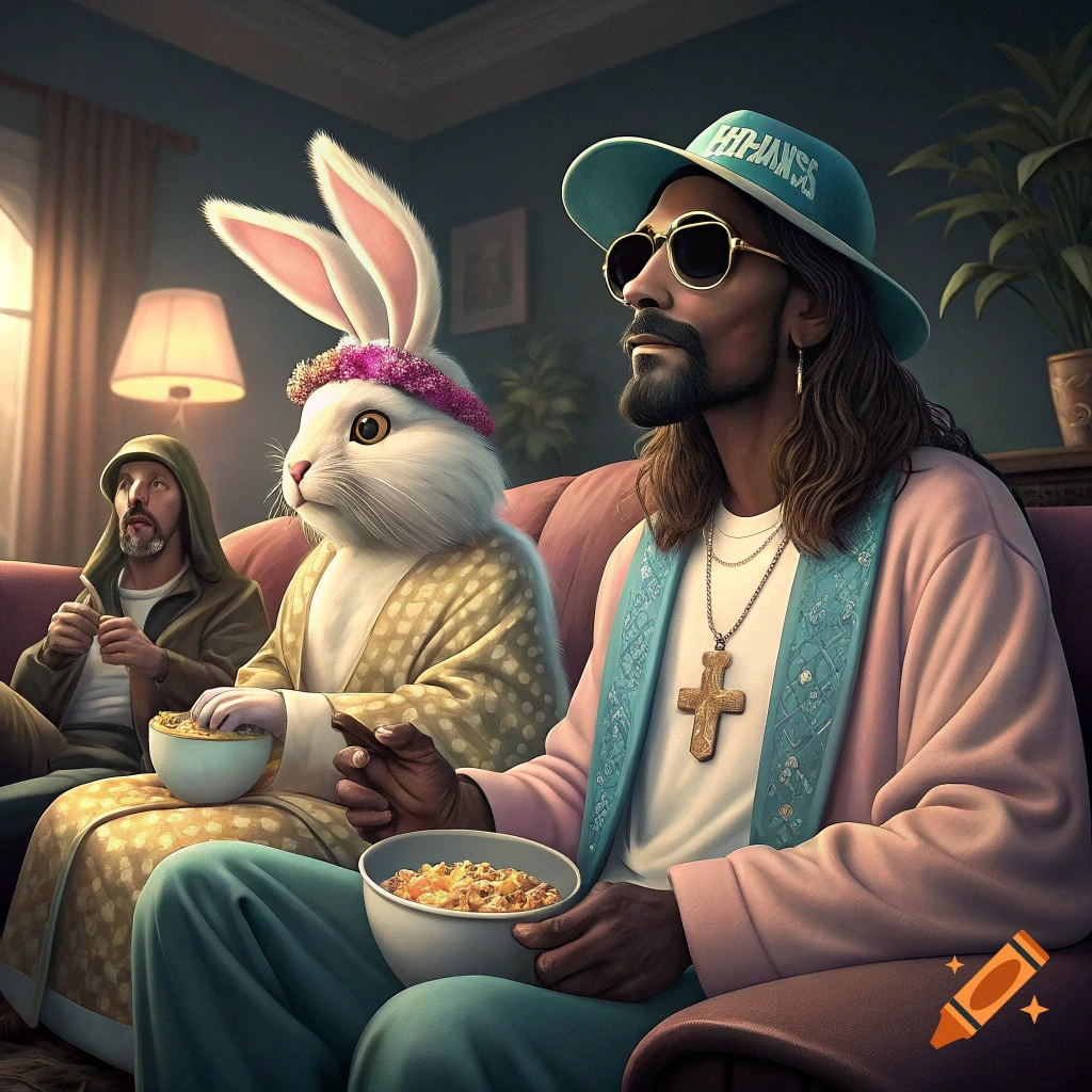 Jesus, the Easter Bunny, and Snoop Dogg sit on a couch eating snacks