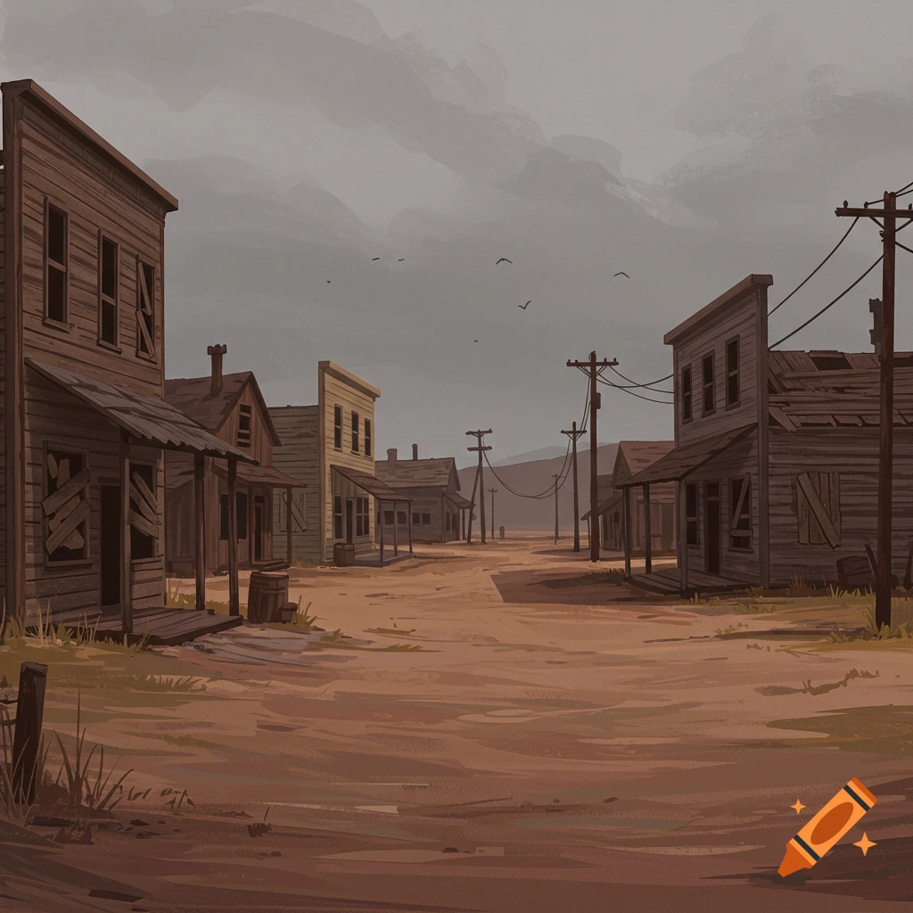 An empty, dusty street in a ghost town with weathered wooden buildings.