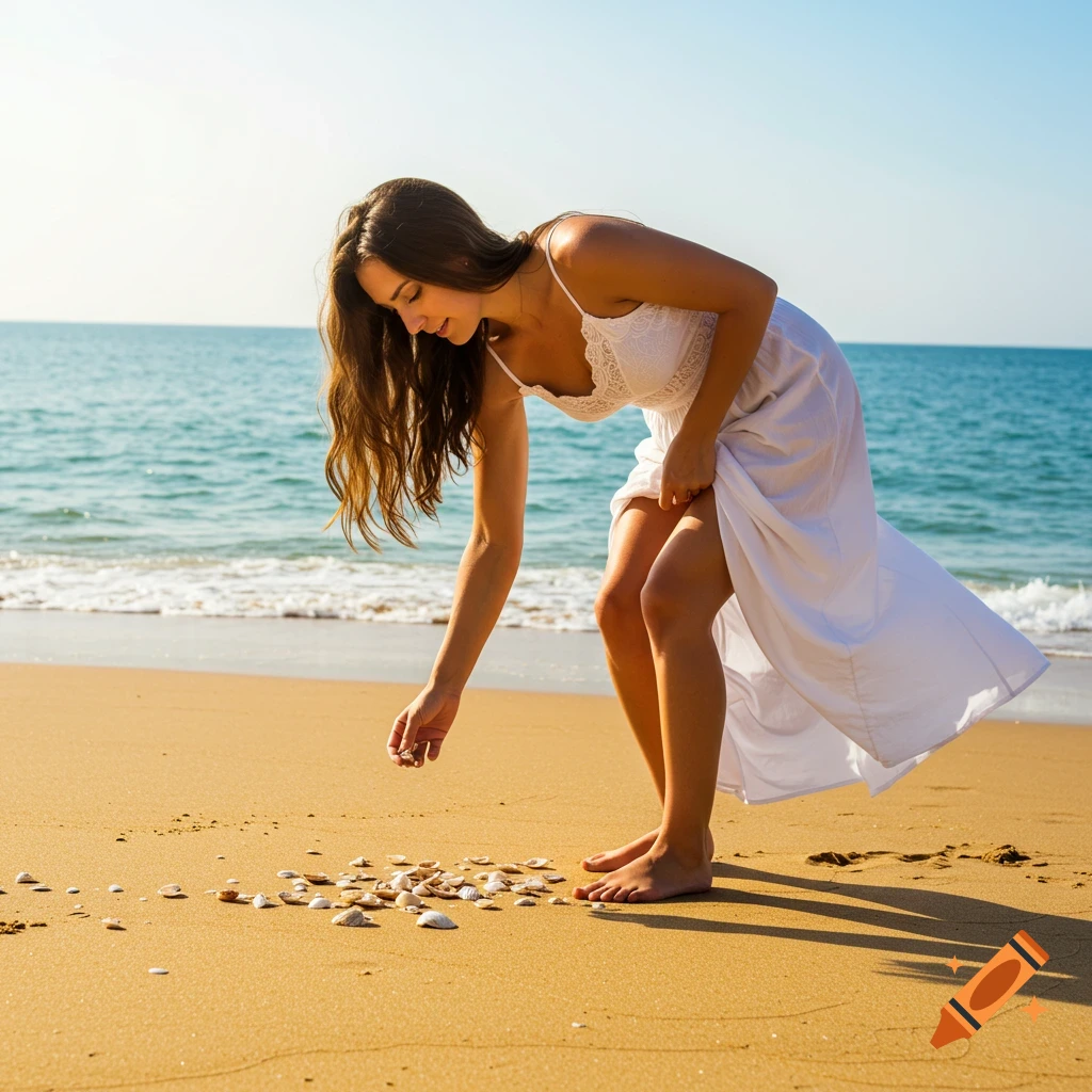Woman in a white dress picking up seashells on a sunny beach.