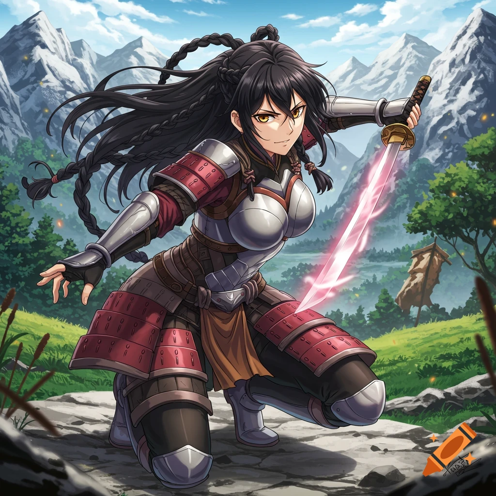 Anime-style warrior woman with black hair and armor, kneeling with a glowing pink sword in a mountain landscape.