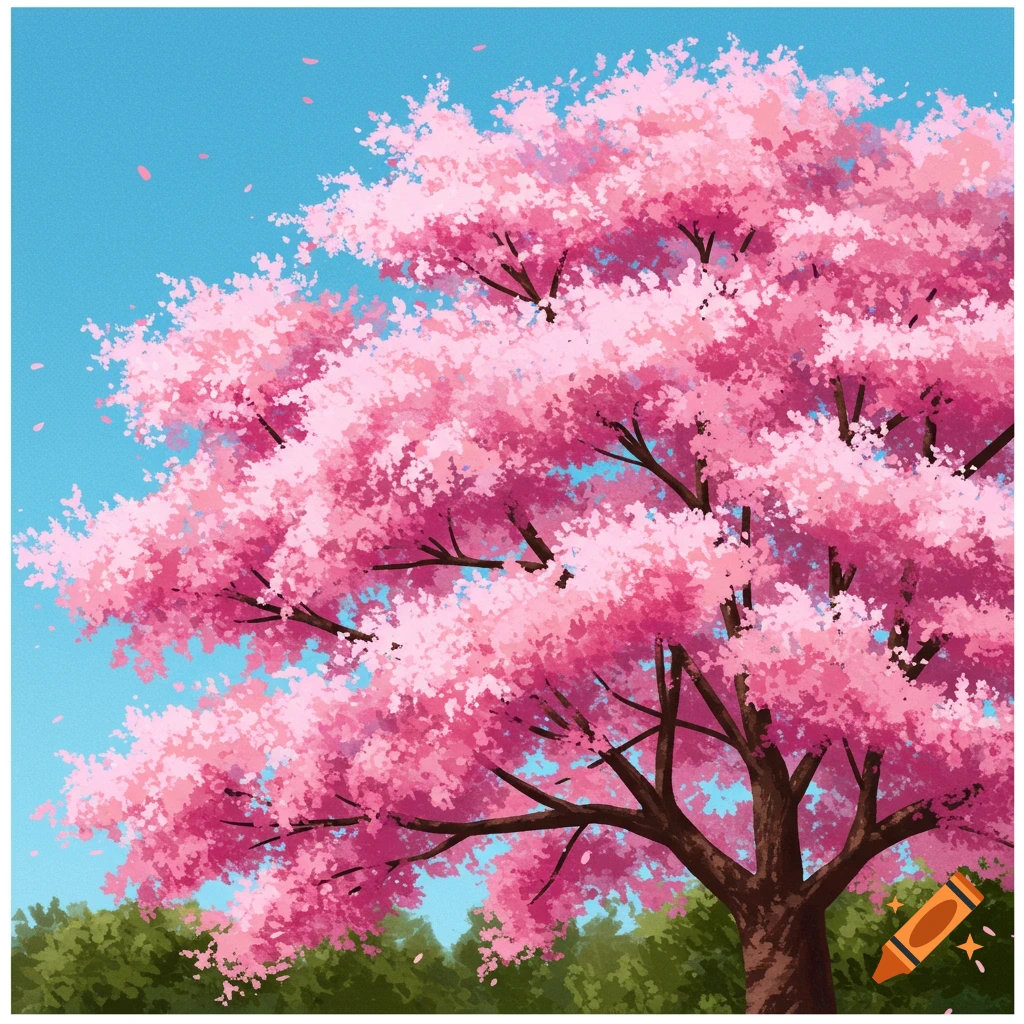 A vibrant pink cherry blossom tree against a blue sky.