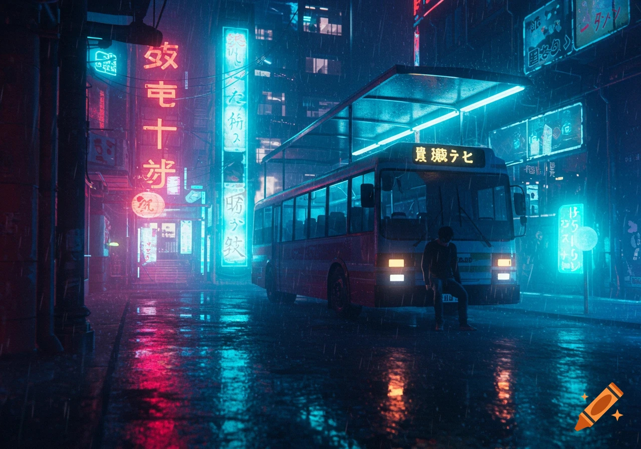A rainy cyberpunk street at night with neon lights reflecting on the wet ground, a bus, and a person sitting nearby.