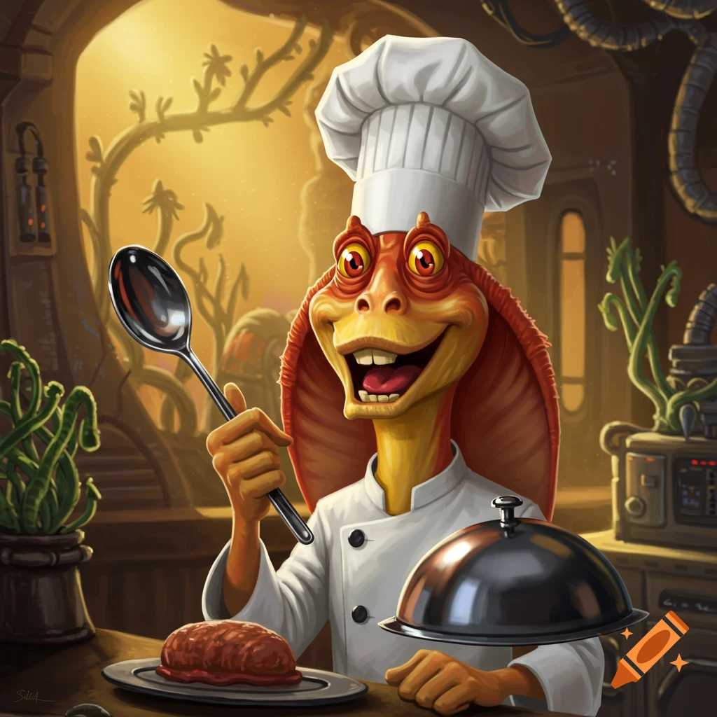 Jar Jar Binks wearing a chef hat and uniform, holding a spoon over a plate of food in a kitchen.