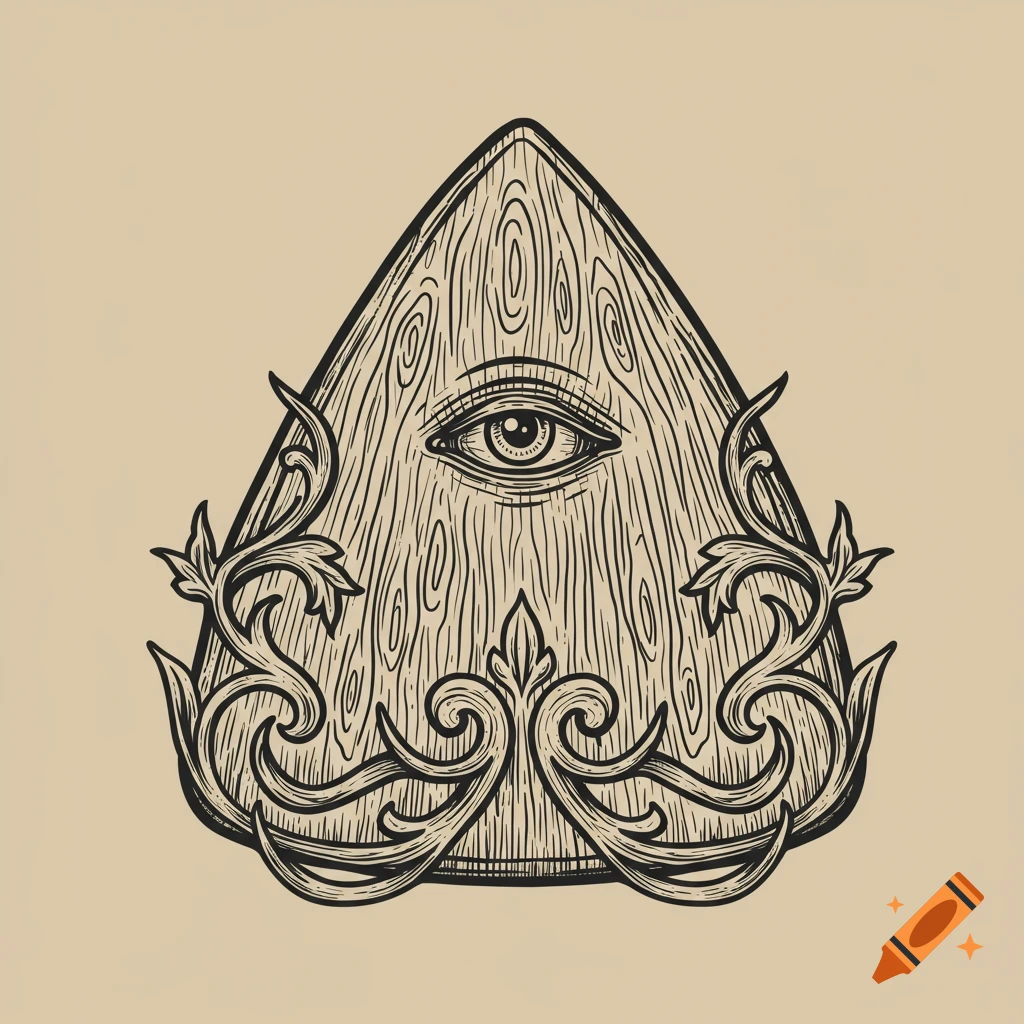 Wood engraving illustration of a planchette with an eye and vines.