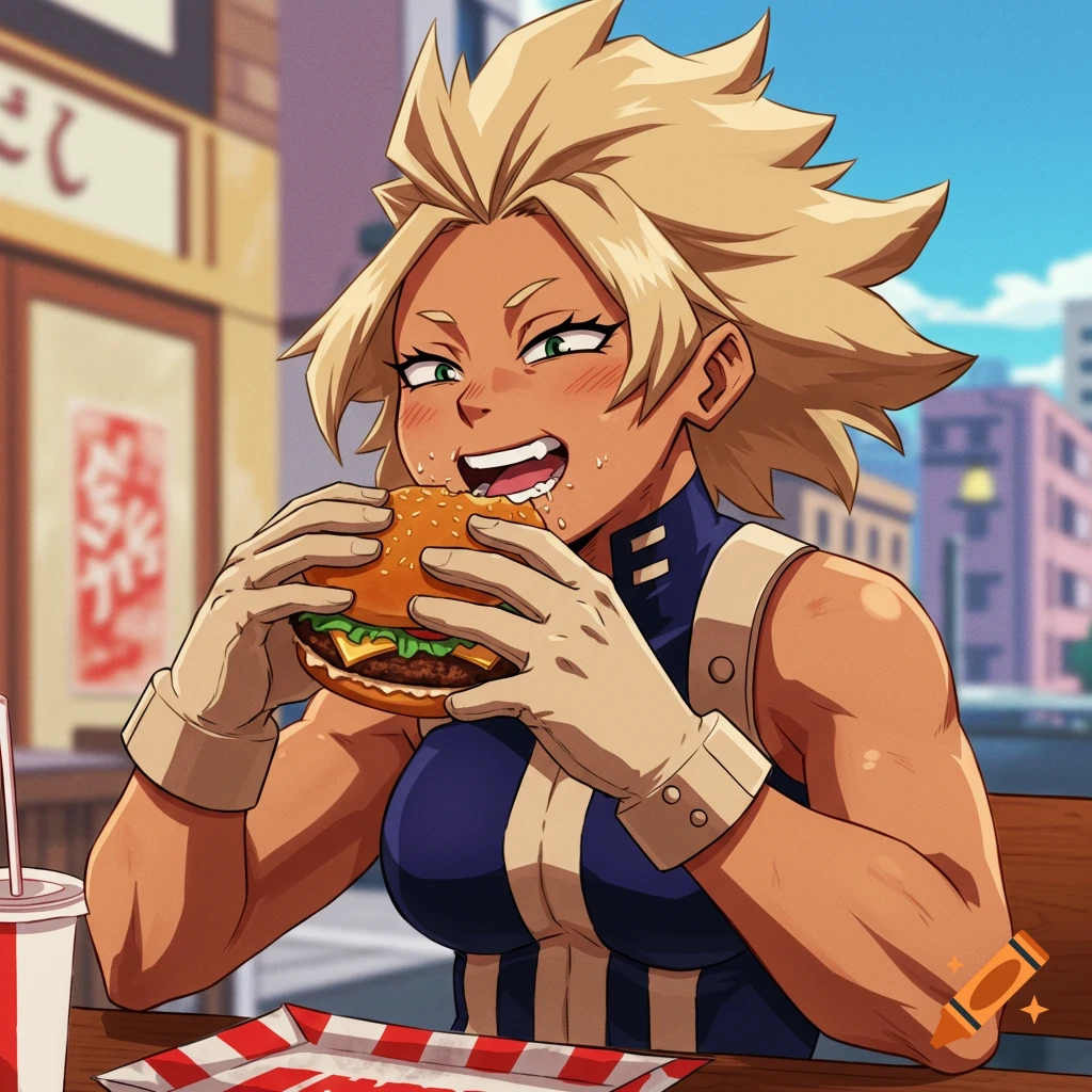 Anime illustration of a tan woman with blonde spiky hair eating a burger outside.