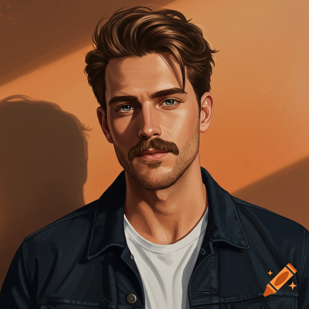 Portrait of a man with a mustache against an orange background.
