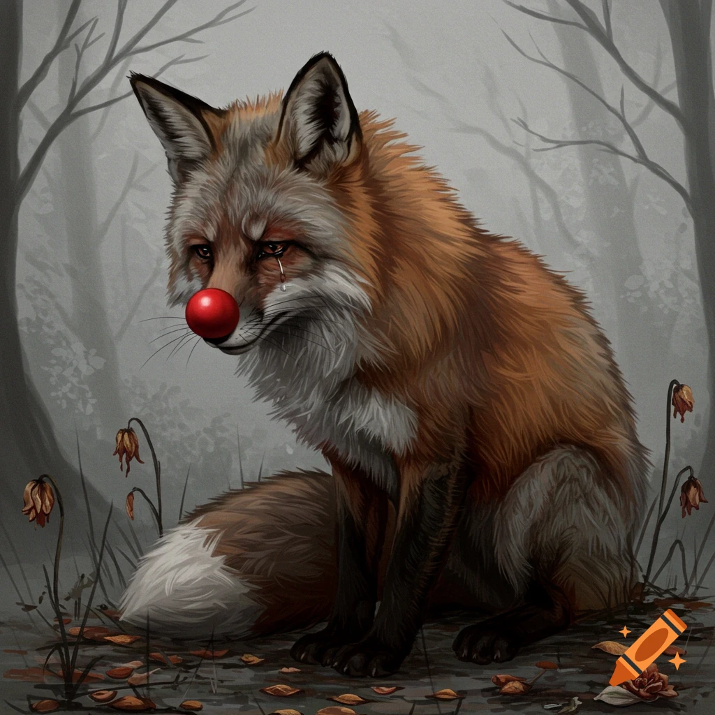 A sad fox with a red clown nose sits in a forest with fallen leaves and bare trees.
