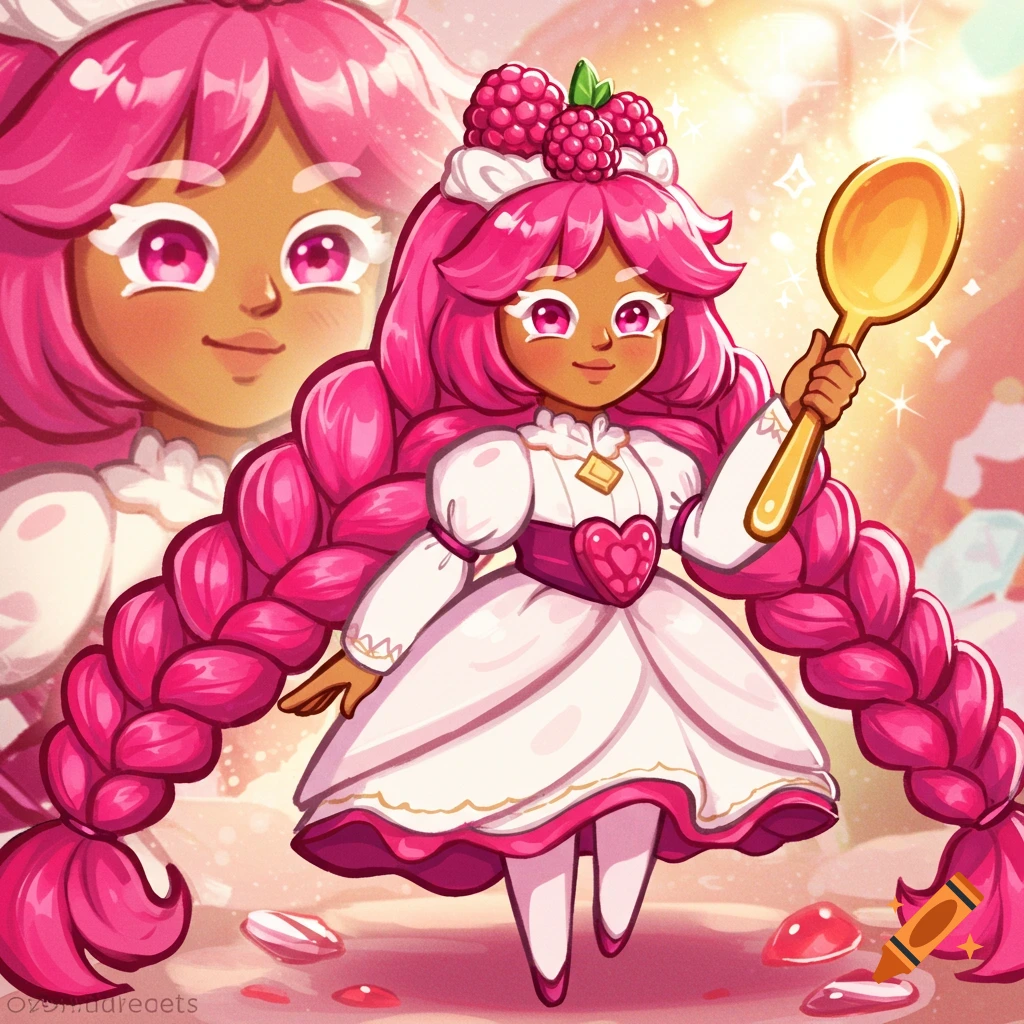 Cartoon character girl with pink braided hair styled like raspberry branches, raspberries on head, holding a golden spoon, in a fantasy style.