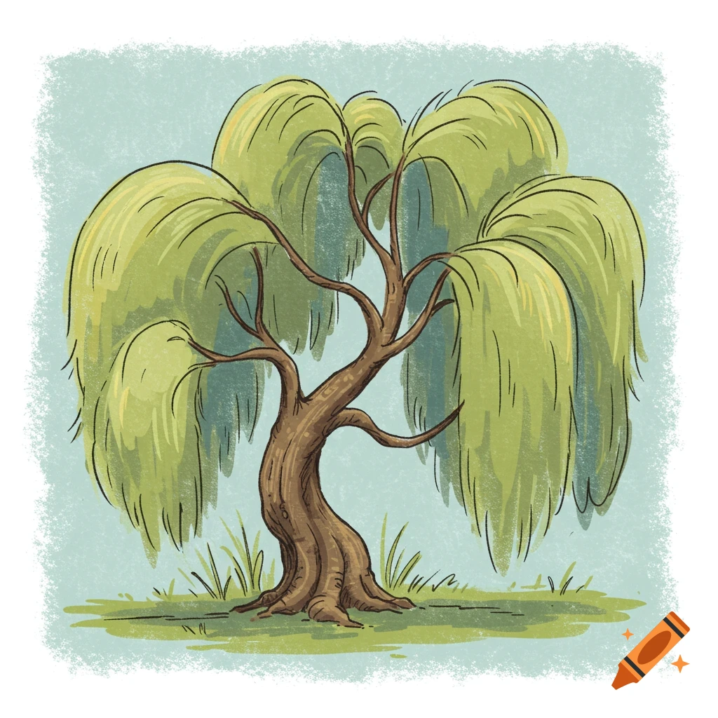 Illustration of a weeping willow tree in a simple, nostalgic style.