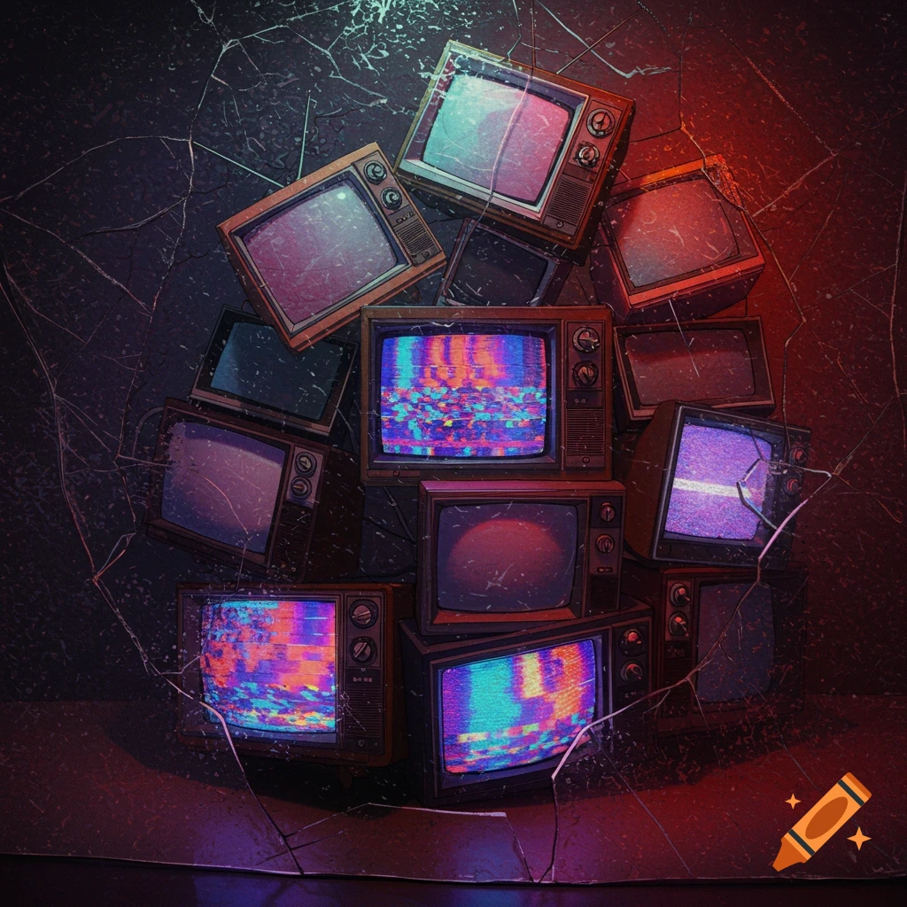 Pile of old retro TVs with static screens behind cracked glass in the dark.