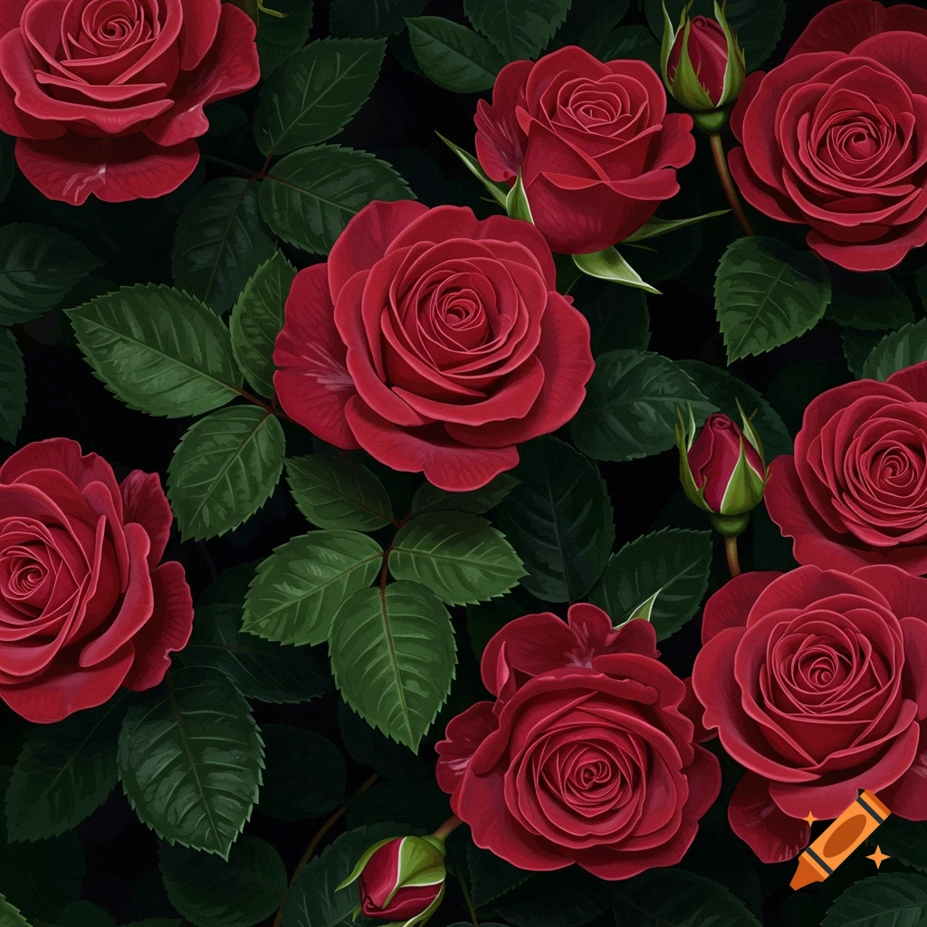 Close up of repeating red roses and green leaves on a dark background.