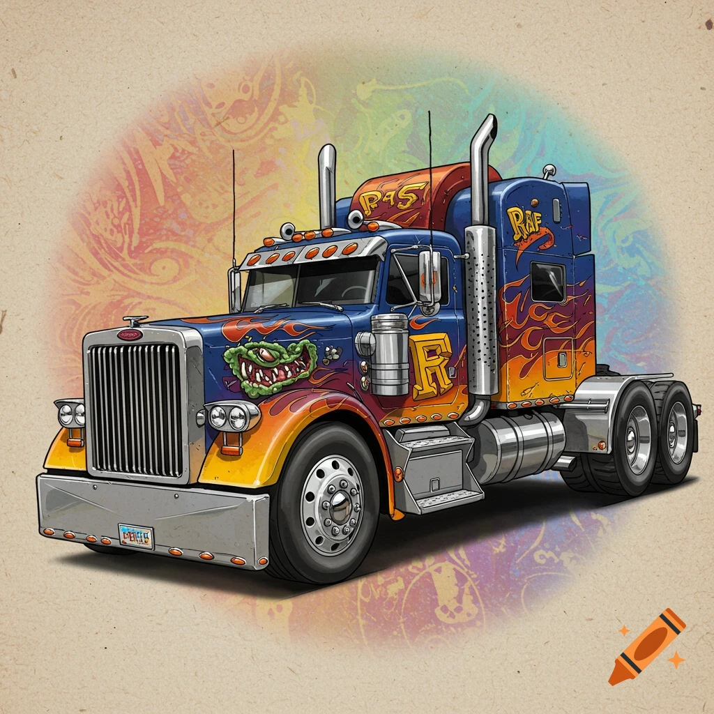 Rat Fink style depiction of a semi truck with flames and monster face.