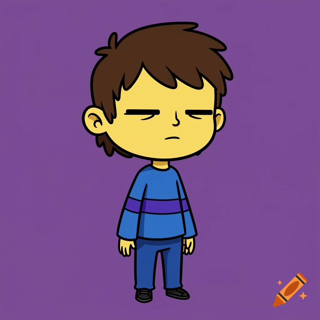 A cartoon child character with brown hair, yellow skin, closed eyes, blue striped shirt, blue pants, and black shoes on a purple background.