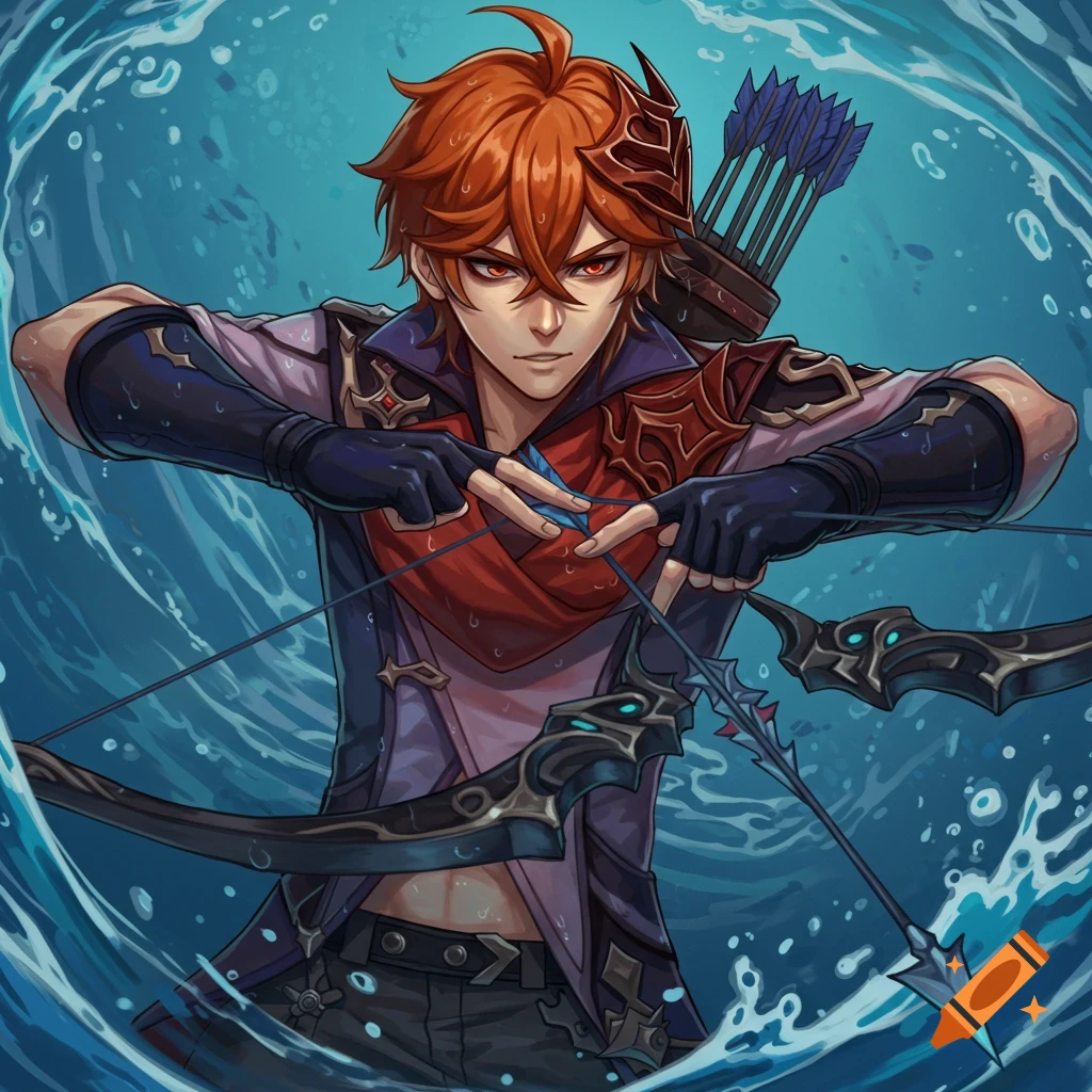 Anime illustration of Tartaglia from Genshin Impact drawing a bow with arrows in water.