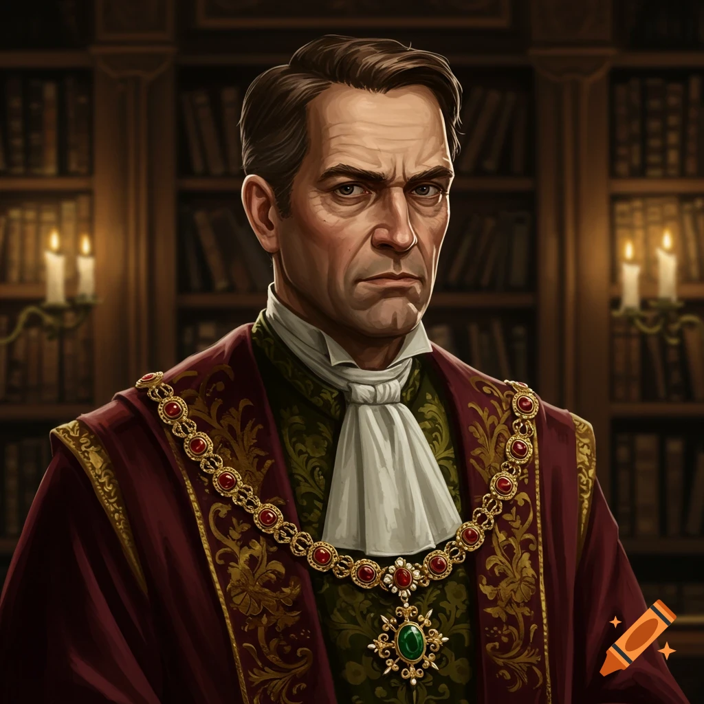 A stern-looking man is depicted in elaborate historical attire and a jeweled chain, against a library background.