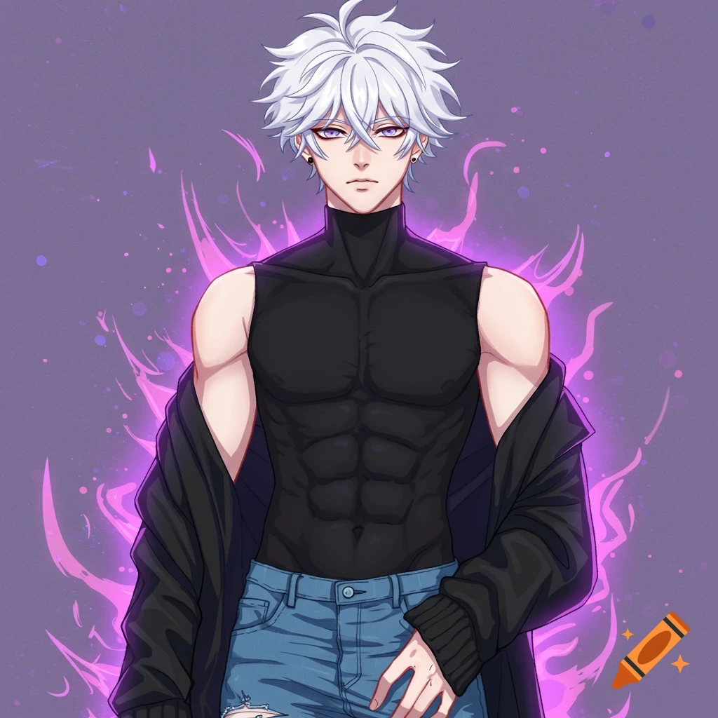 Anime illustration of a male character with white hair, purple eyes, black top, jeans, and hoodie, with purple aura.
