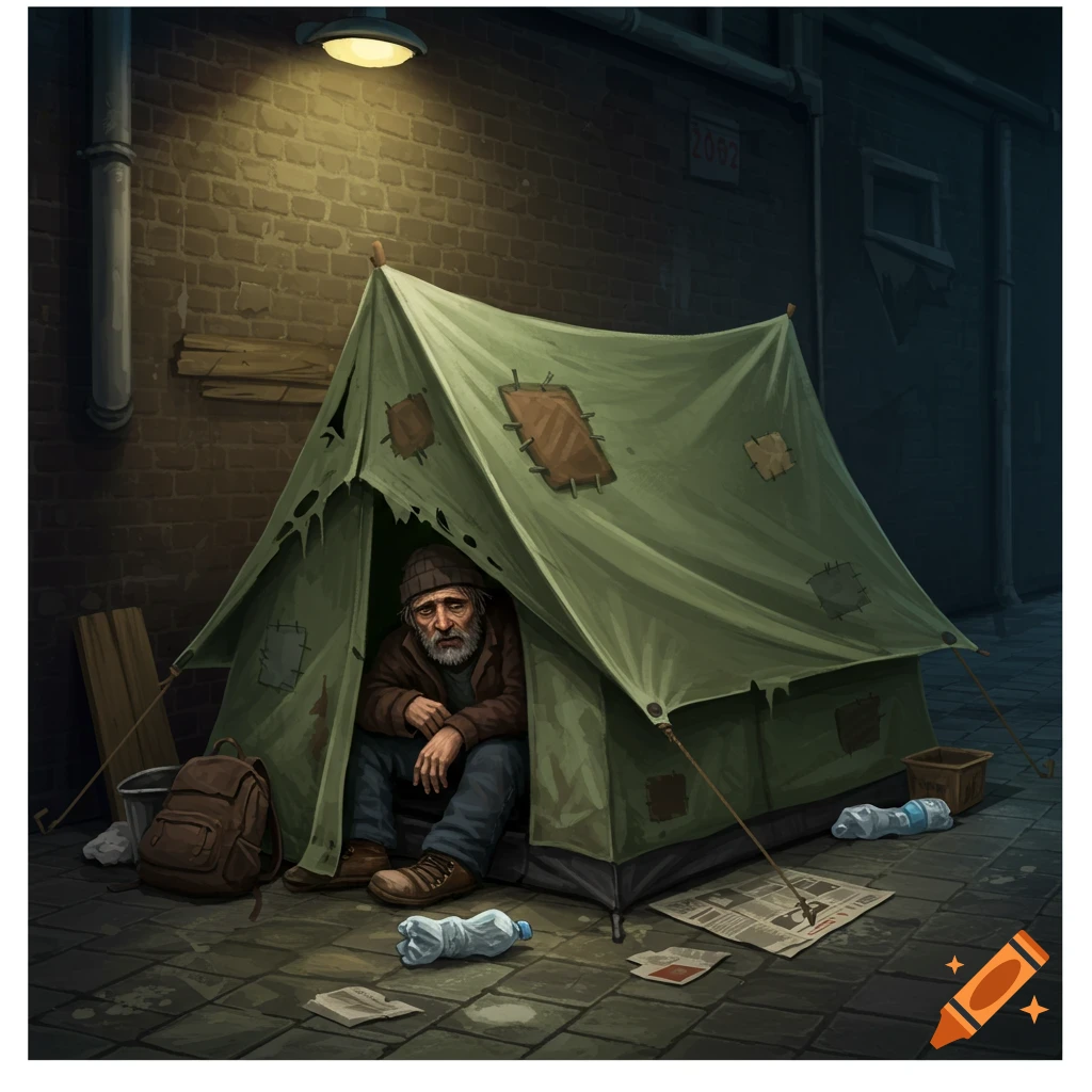 A person sits in a tent in an alley at night.