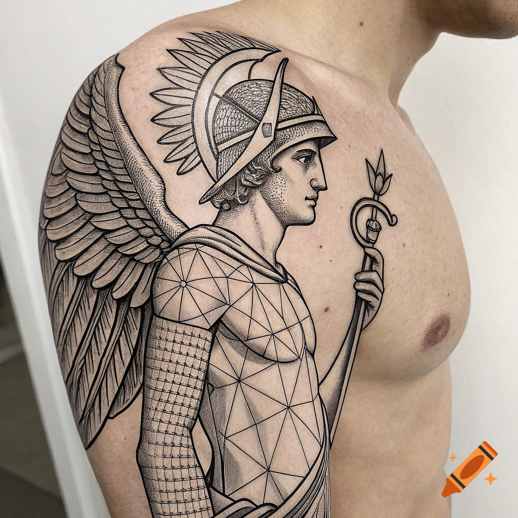 Black line-art tattoo of a winged mythological figure with geometric patterns on a person's shoulder.