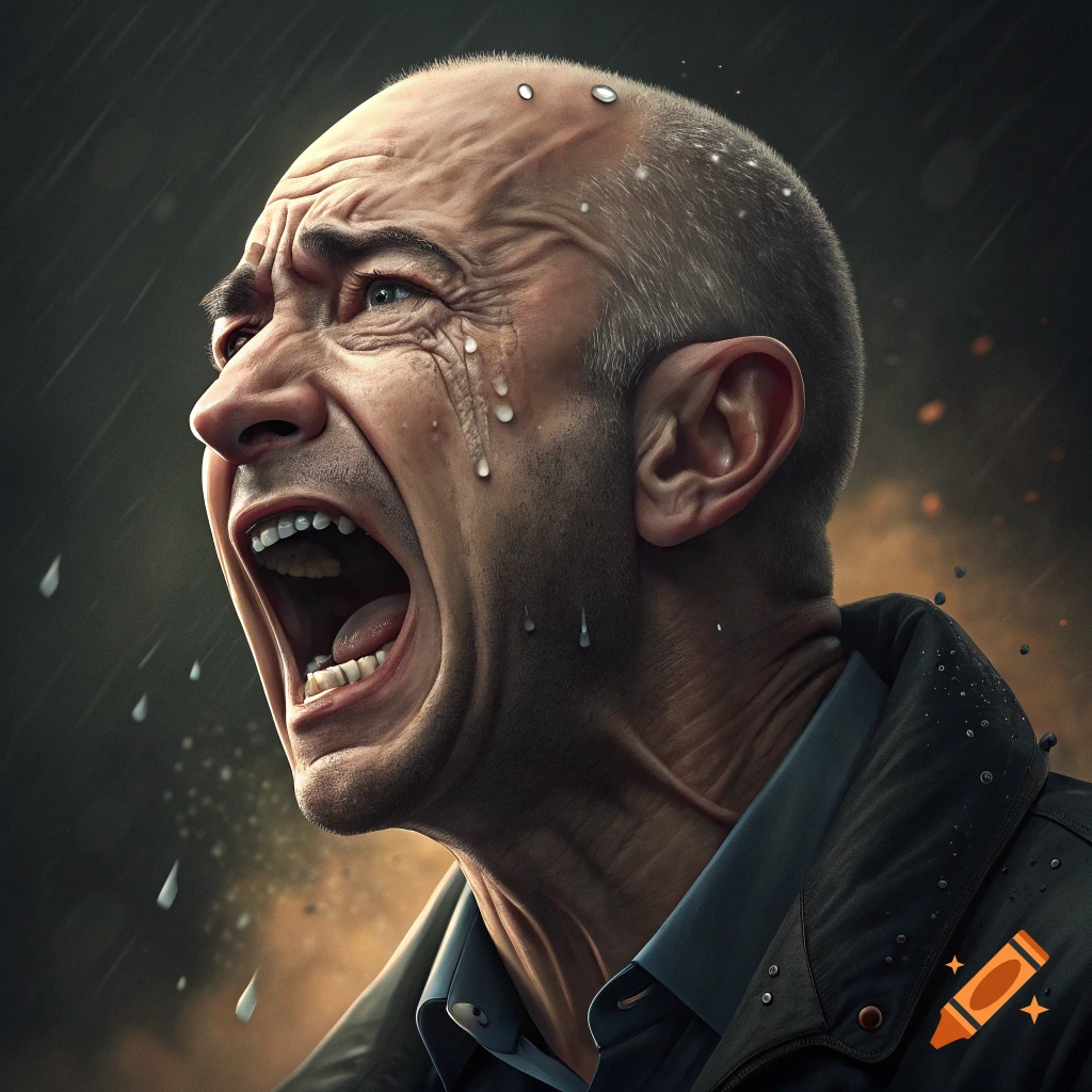 Close-up portrait of a bald man screaming with water drops on his face.