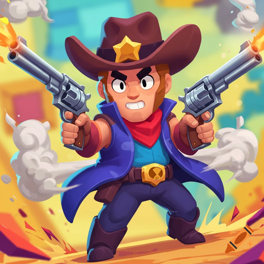 Cartoon illustration of Colt from Brawl Stars, a cowboy character, firing two revolvers in a dynamic pose.