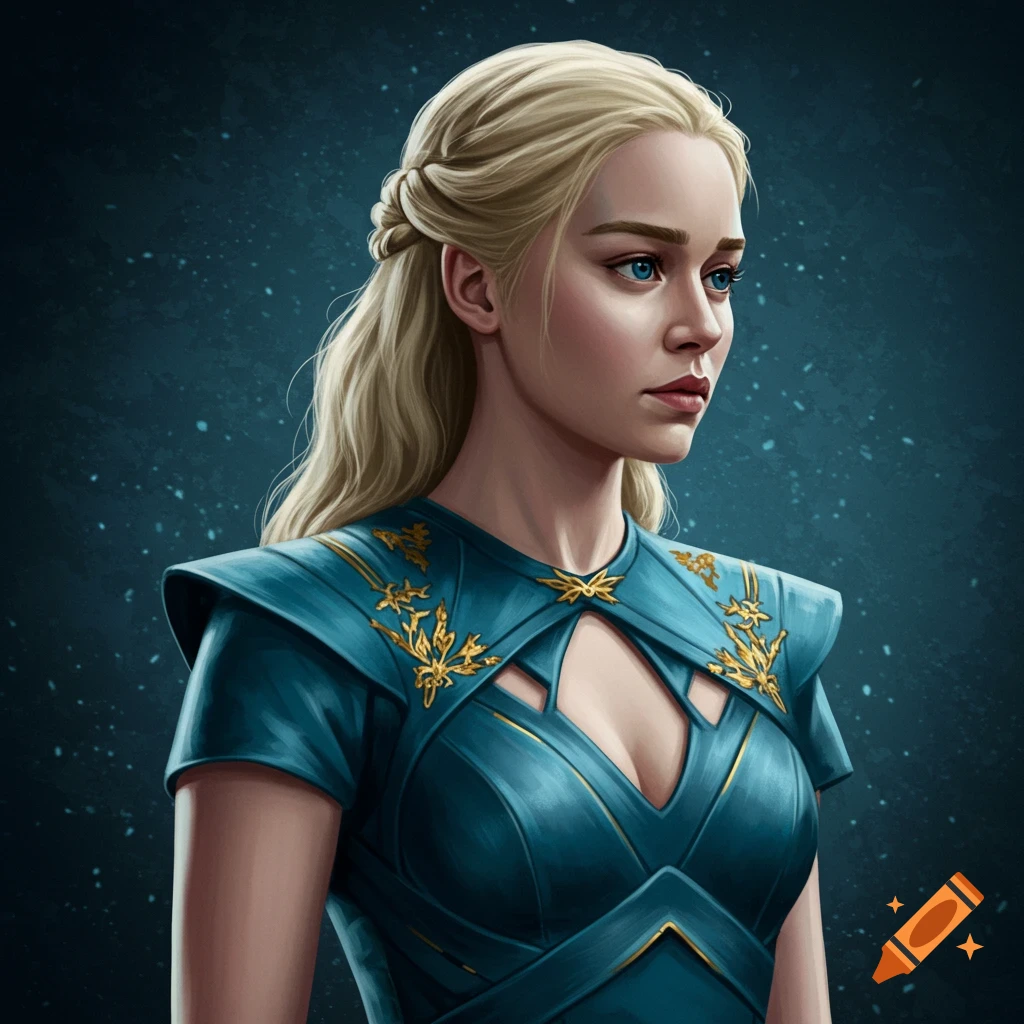 Image of a blonde woman in a blue and gold fantasy dress, resembling Daenerys Targaryen.