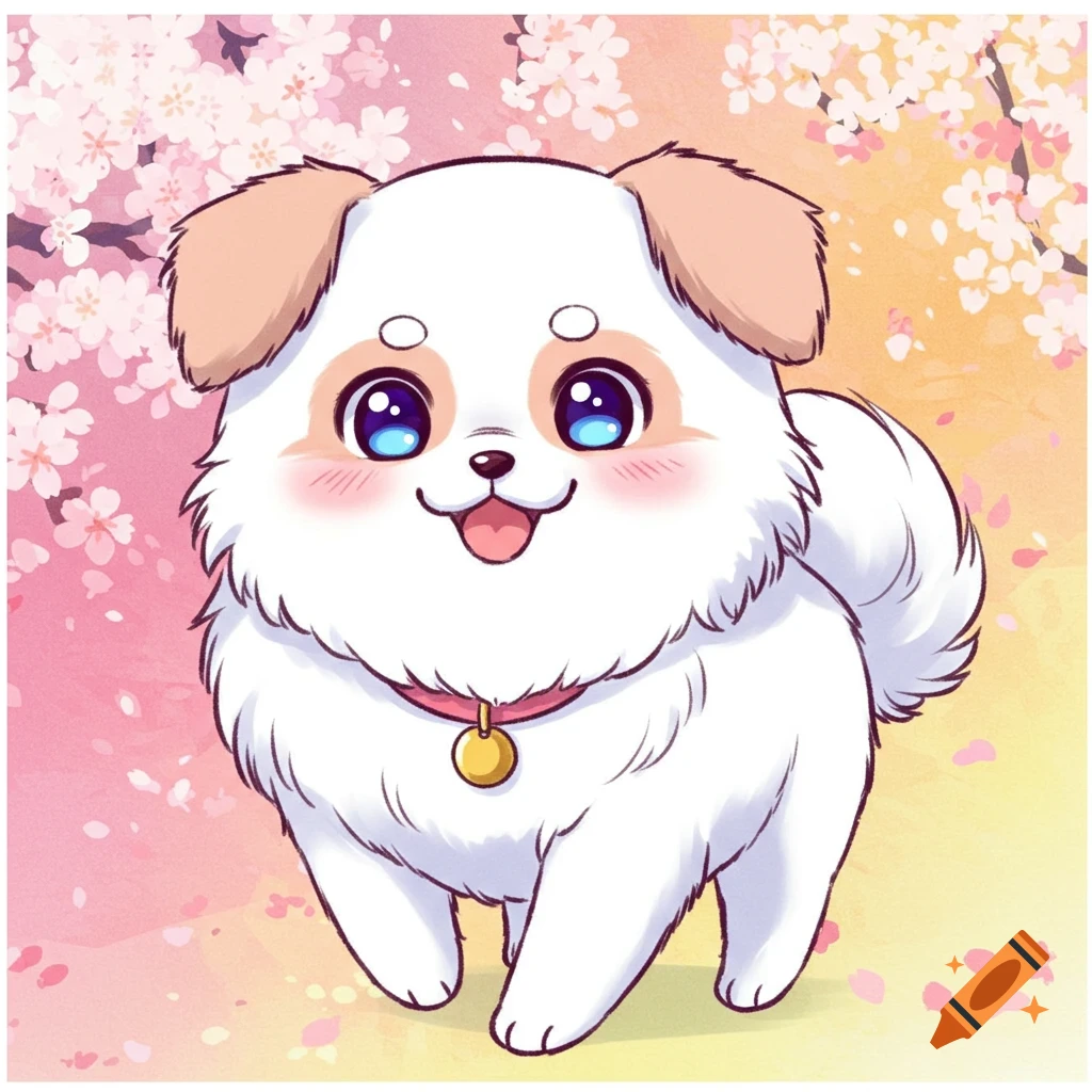 A cute white anime dog stands among cherry blossoms.