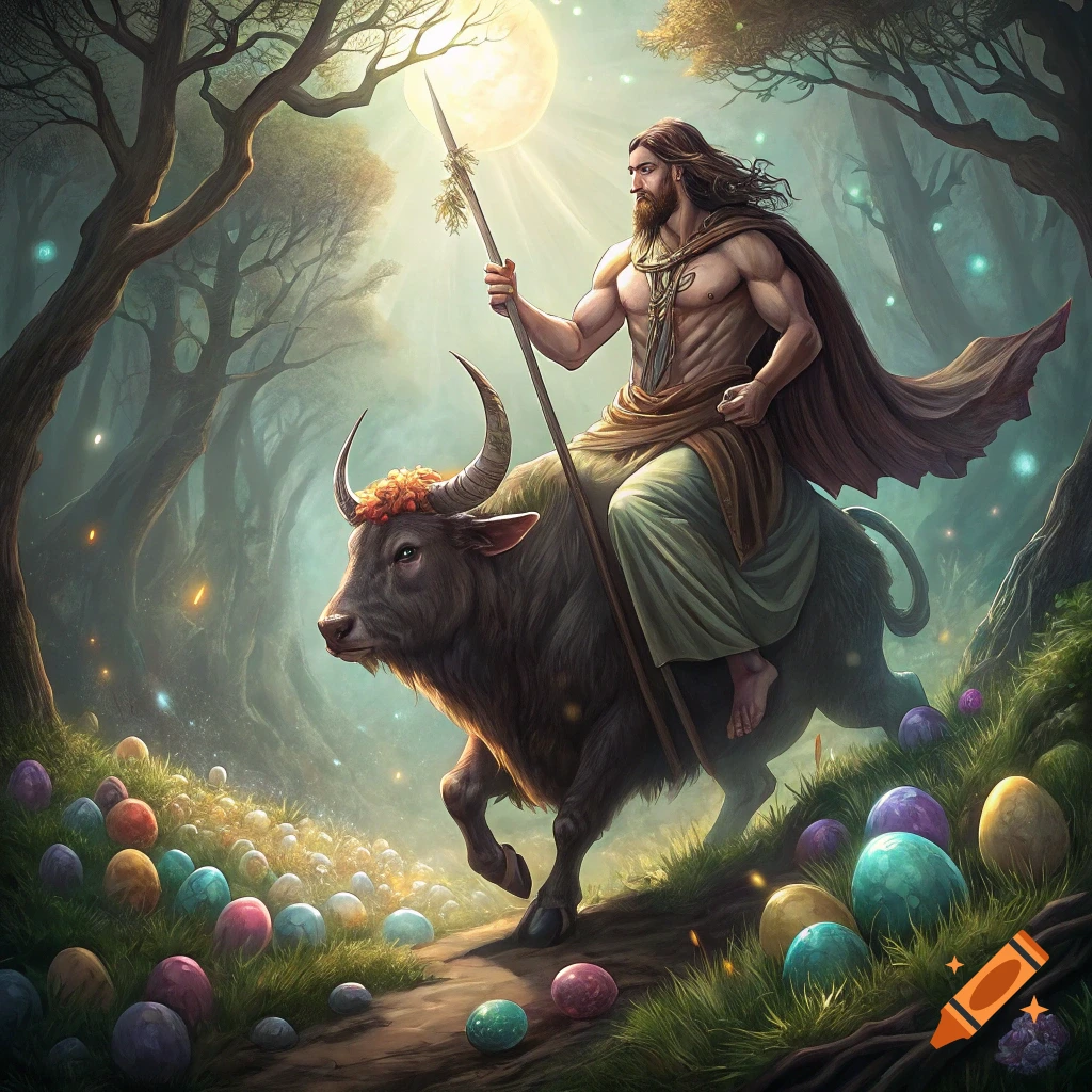Figure resembling Jesus riding a bull through a magical forest with Easter eggs, digital art.