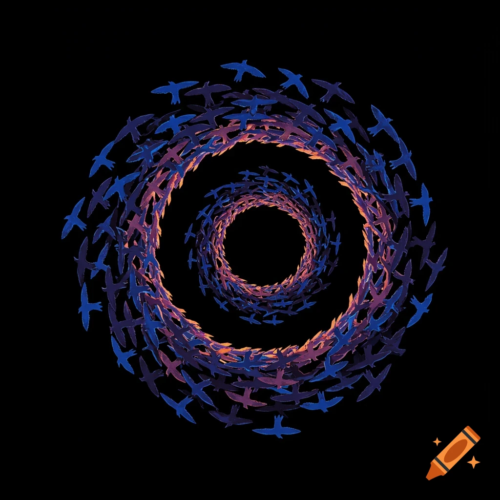 Blue birds spiraling on a black background.