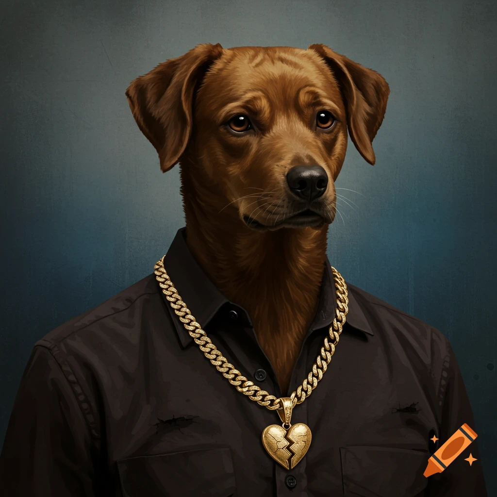 A dog with a human body wearing a black shirt and gold broken heart chain.