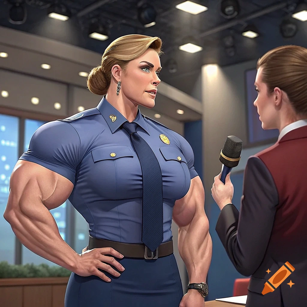 A muscular woman in a police uniform is interviewed by a TV presenter in a studio.