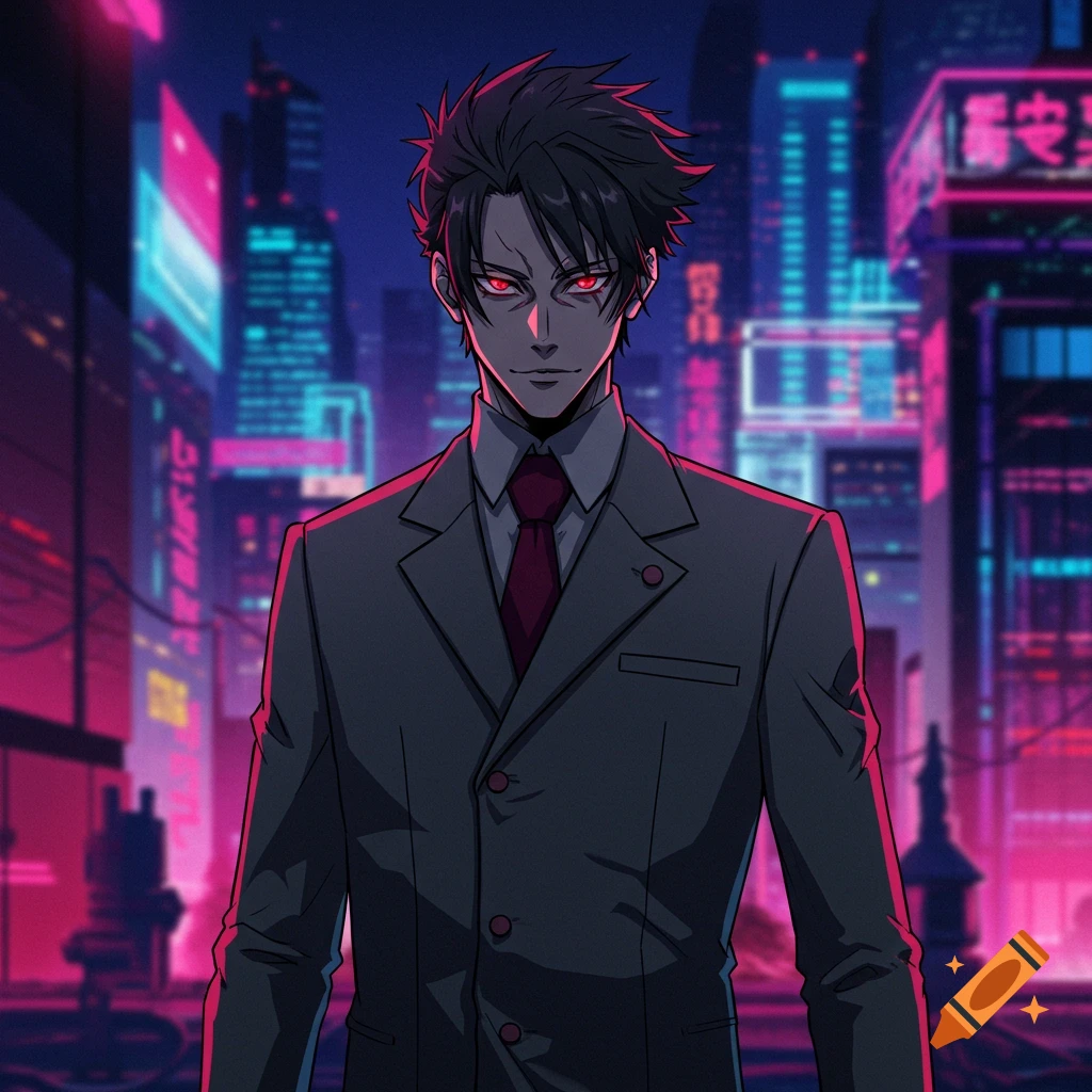 Anime character in a suit stands in a neon-lit futuristic city.