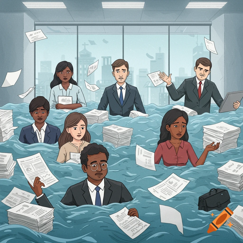 Illustration of people drowning in paperwork in a flooded office