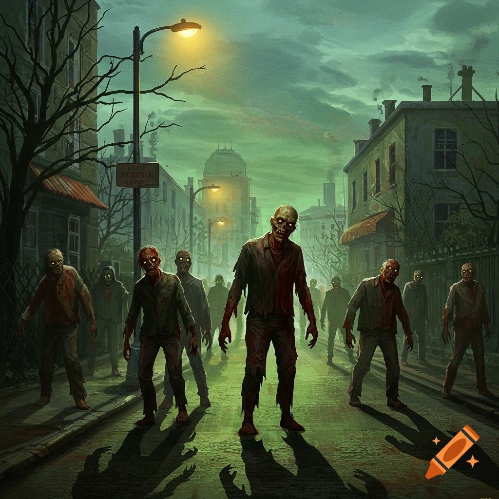 A horde of zombies walks down a city street at night.