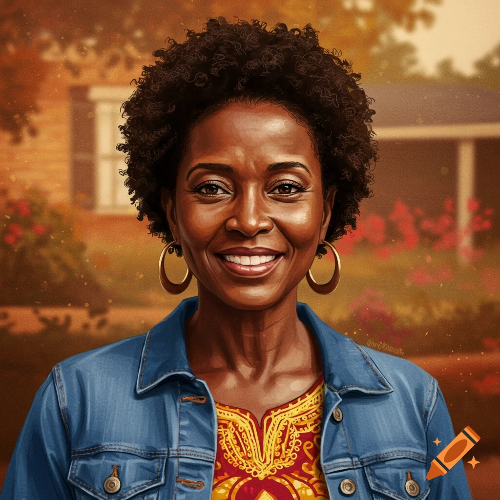 A smiling woman with curly hair, hoop earrings, and a denim jacket over a red and yellow top.
