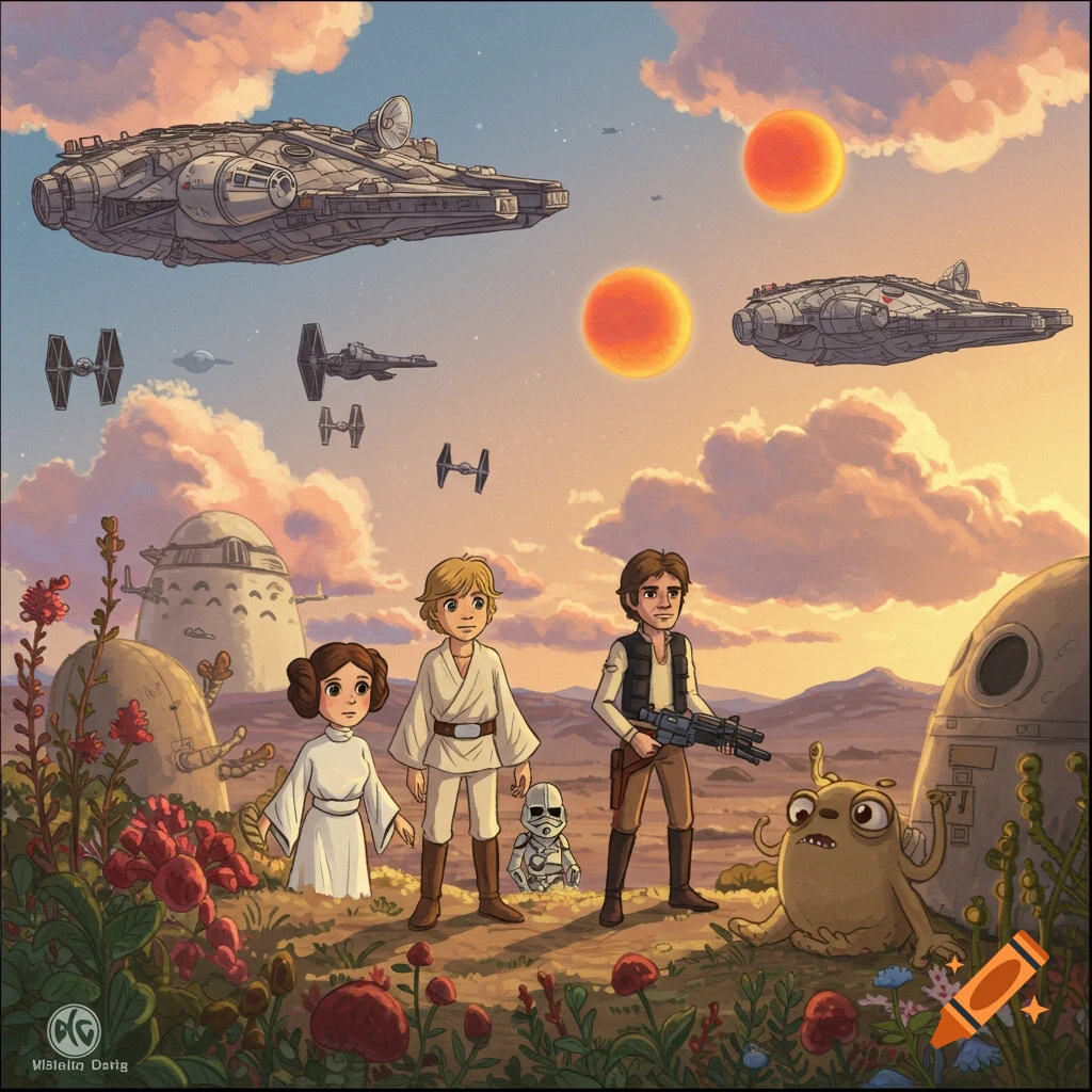 Ghibli style illustration of Star Wars characters, ships, and landscape with two suns.