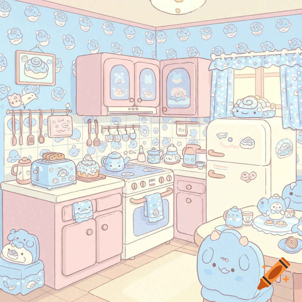 A pastel blue and pink Sanrio Cinnamoroll themed kitchen illustration with cute character objects.