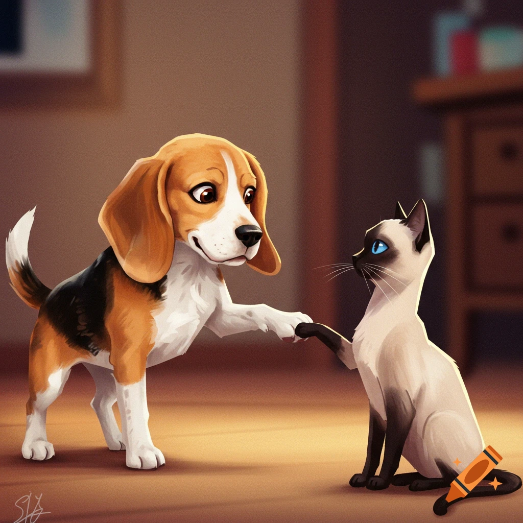 A beagle shaking paws with a Siamese cat, digital art.