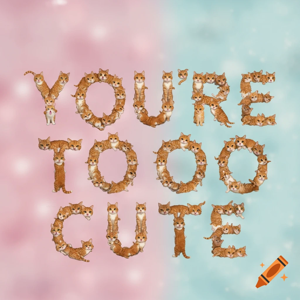Orange and white cats form the text YOU'RE TOO CUTE on a pink and blue gradient background.
