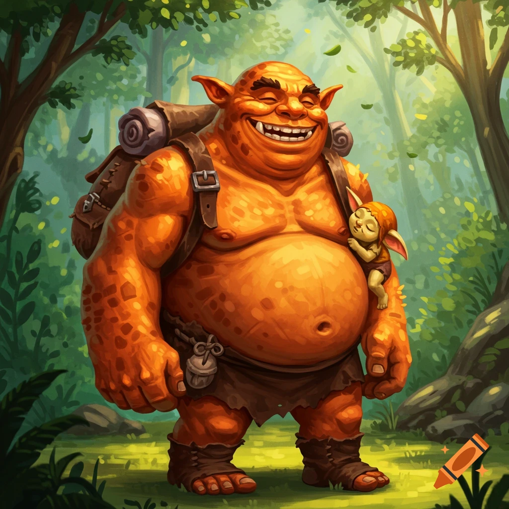 An orange ogre with a sleeping orange goblin in a backpack, standing in a forest.