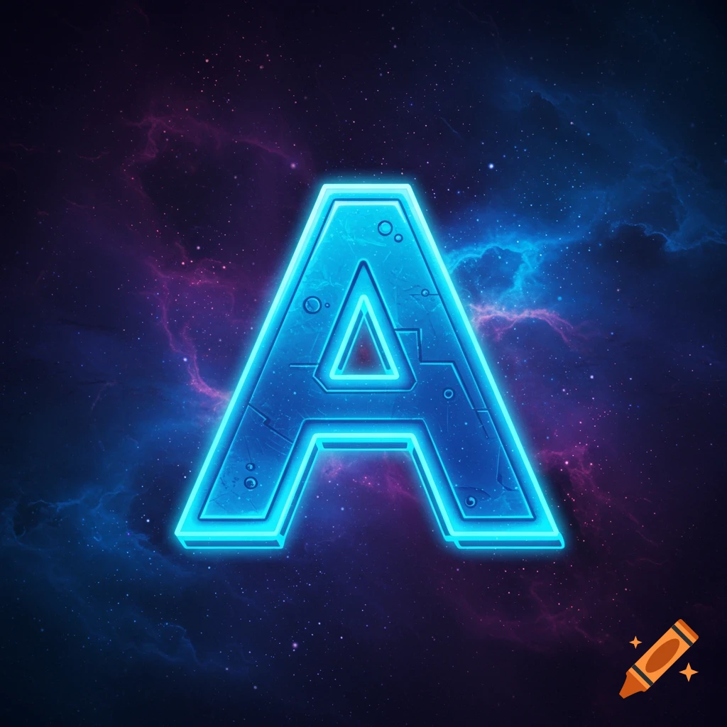 Glowing blue metallic letter A in a space background with nebulae