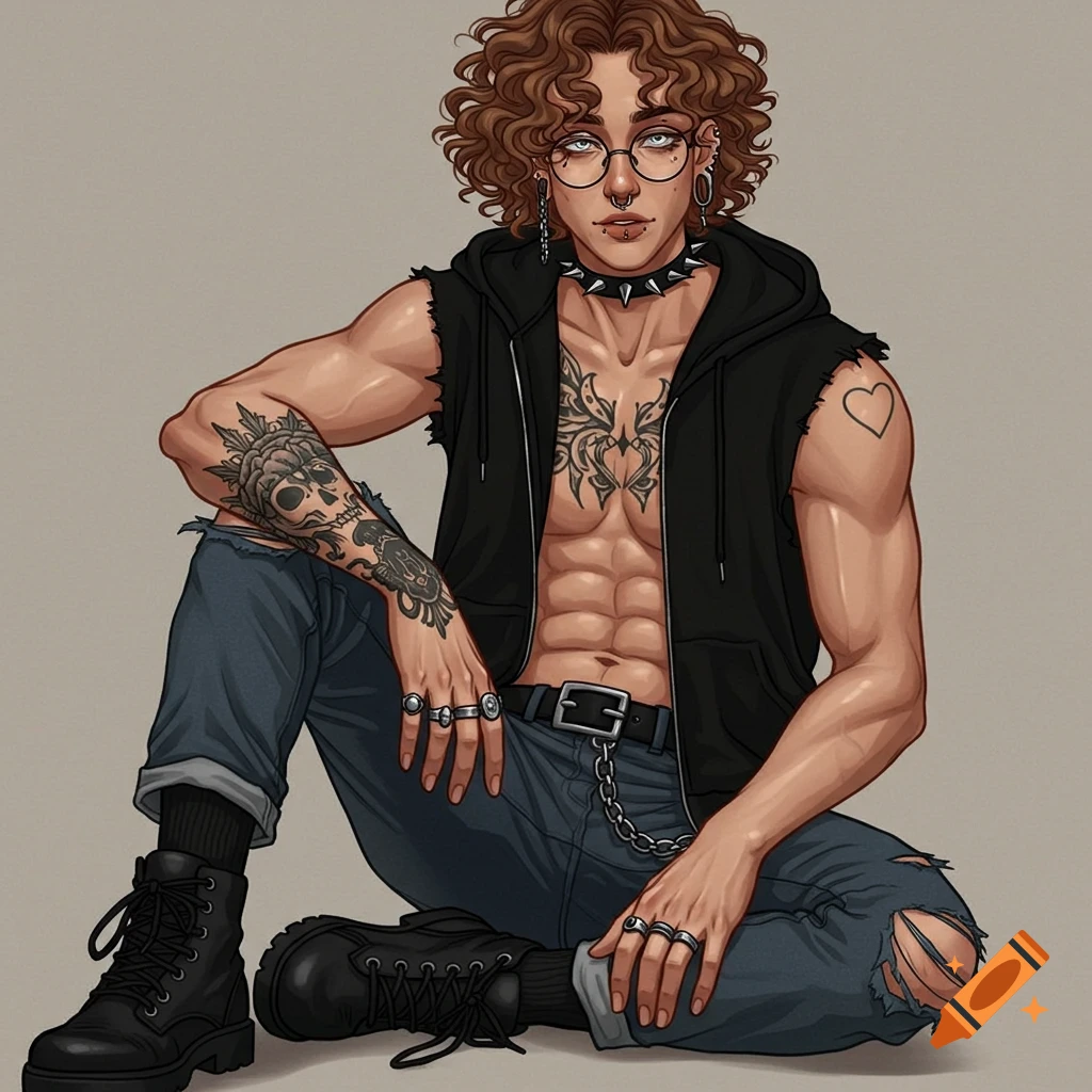 Digital illustration of a person with curly brown hair, glasses, tattoos, and piercings, wearing a ripped goth hoodie and ripped jeans, sitting down.