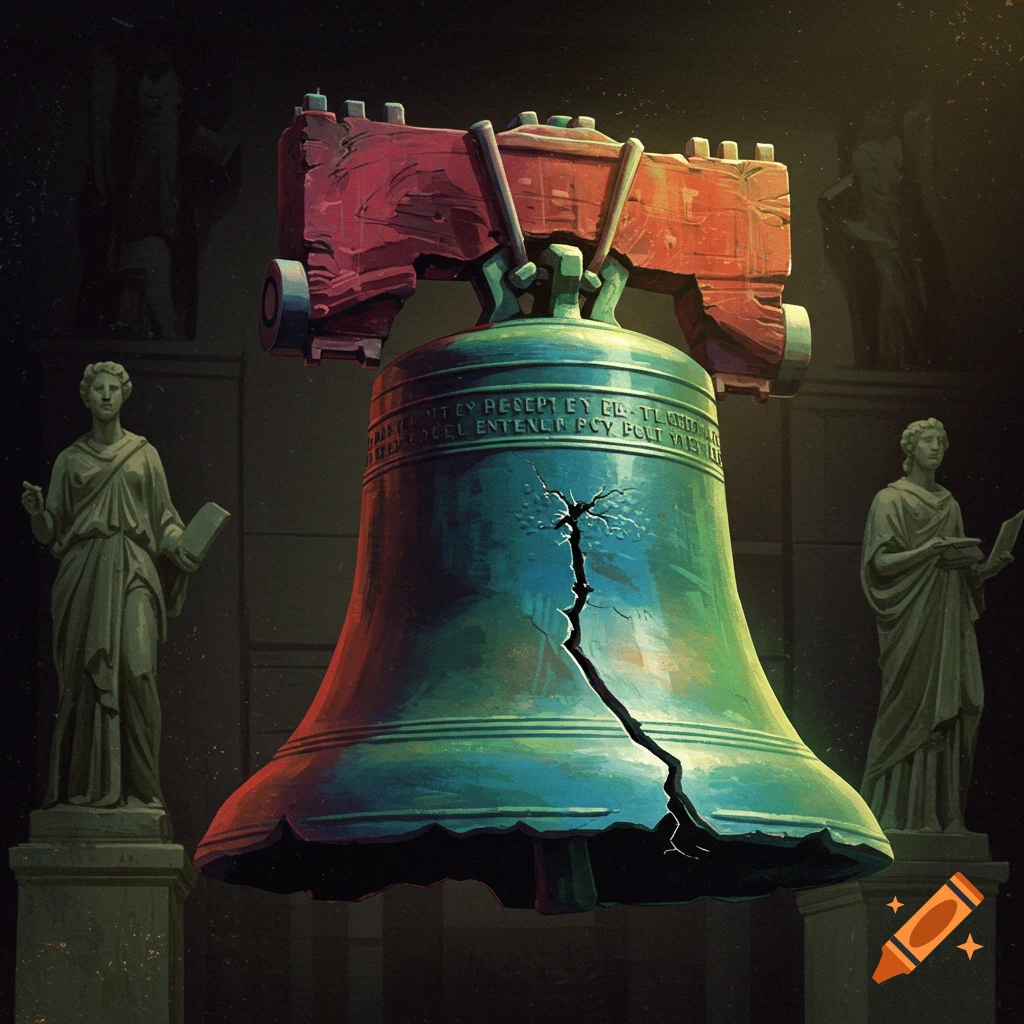 A cracked Liberty Bell is on display in a museum, flanked by statues.