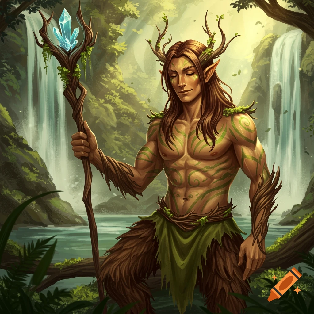 A male fantasy creature/druid with antlers, body markings, and furry legs, holding a staff in a forest with waterfalls.