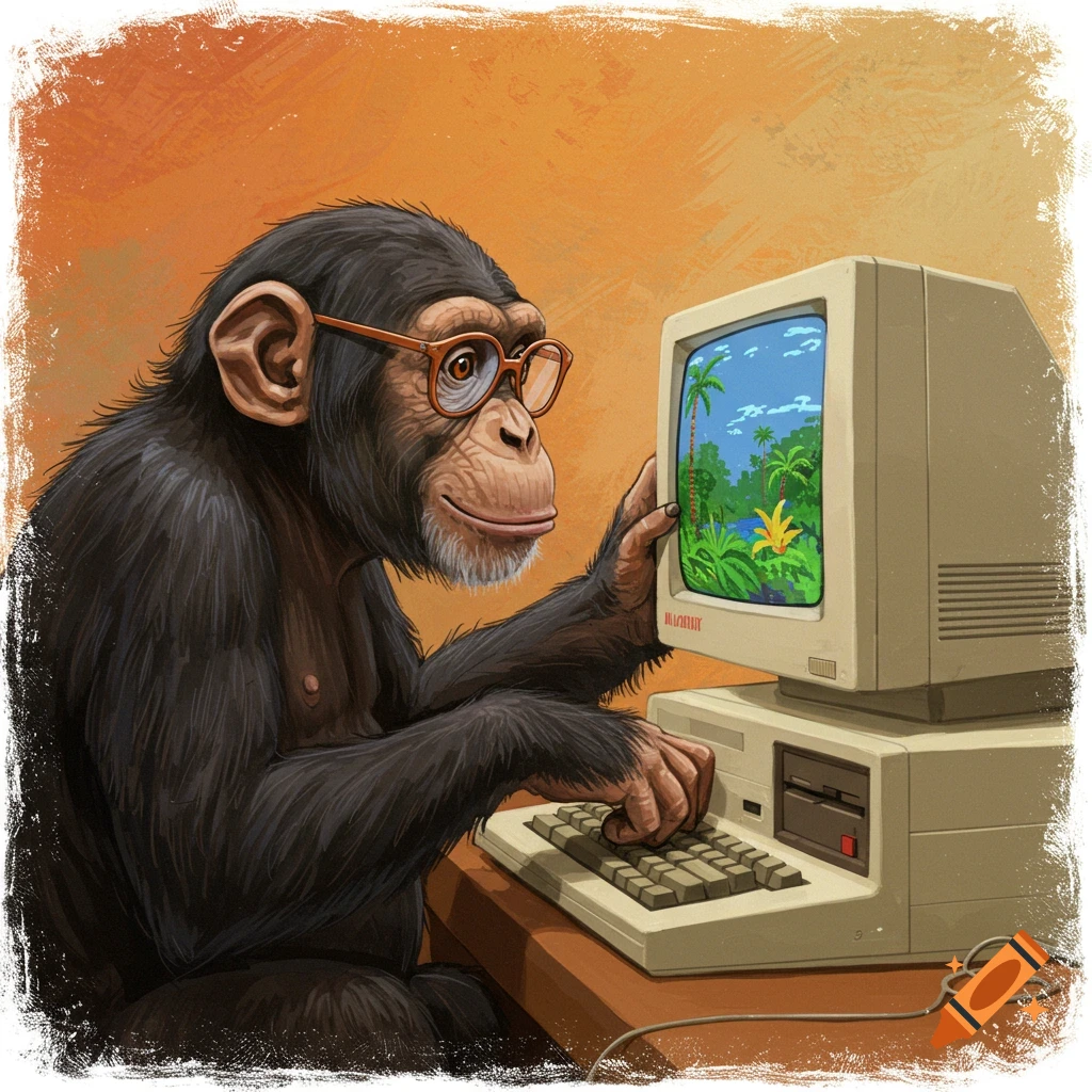 A chimpanzee wearing glasses and using a vintage computer.