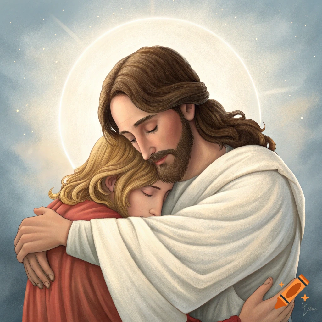 Illustration of Jesus hugging a person with blonde hair
